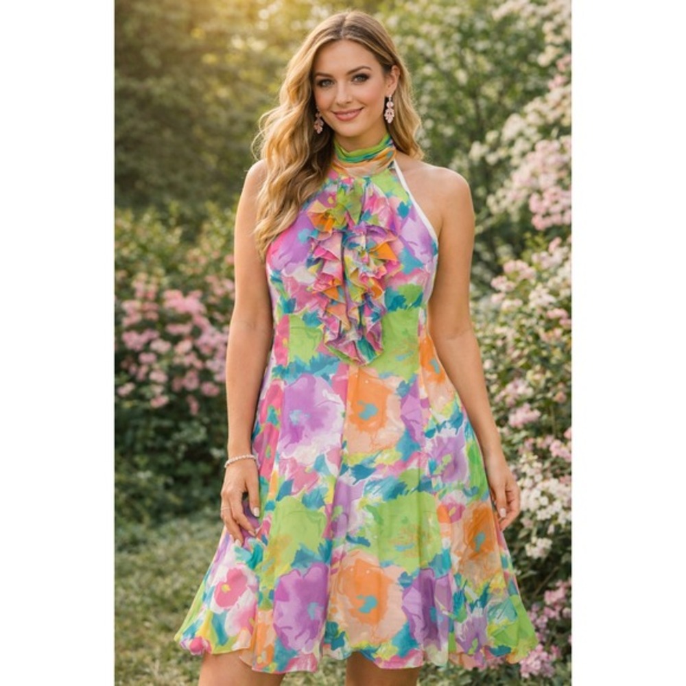 Lauren Ralph Lauren Silk Halter Dress Cascade Ruffle Women 10 Multicolor Floral